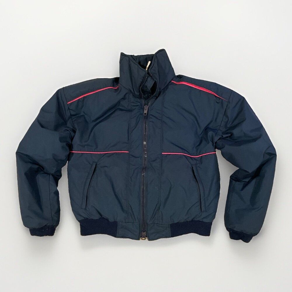 VTG 80s CB Sports Down Puffer Ski Jacket Navy w/ Neon Pink Trim Sz S USA 1985